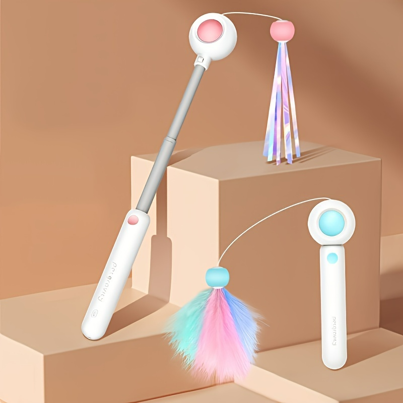 Retractable Cat Teaser Wand with Replaceable Feather Head – Interactive Toy for Indoor Cats