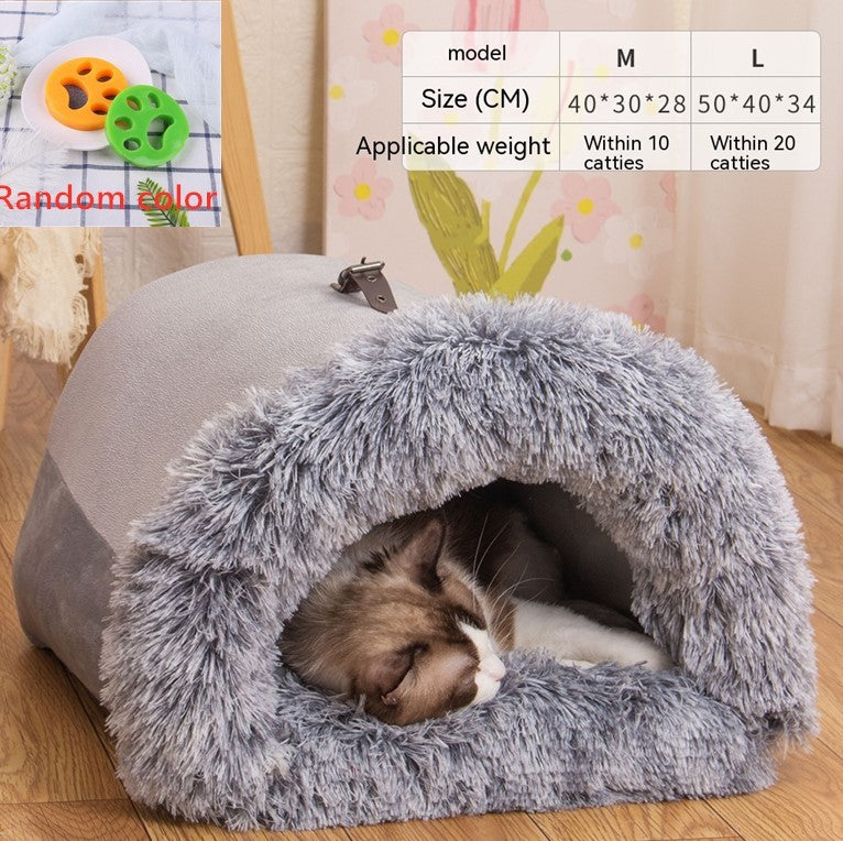 New Splice Portable Pet Nest – Warm Dog and Cat Bed for Autumn and Winter, Moisture-Proof Long Fur Plush Kennel, Semi-Enclosed Soft House for Small and Medium Pets