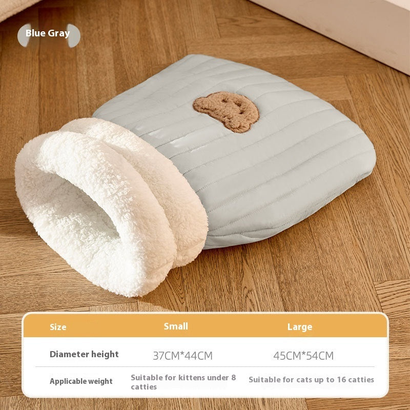 Cozy Cat Sleeping Bag with Warm Fleece & Bear Design – Soft Pet Nest Bed