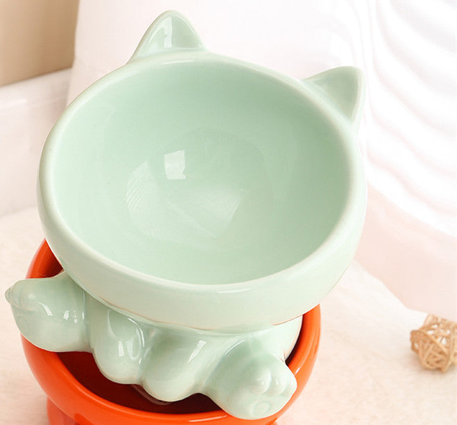 Elevated Ceramic Pet Bowl for Cats and Small Dogs – Anti-Vomit Tilted Design, Non-Slip Base
