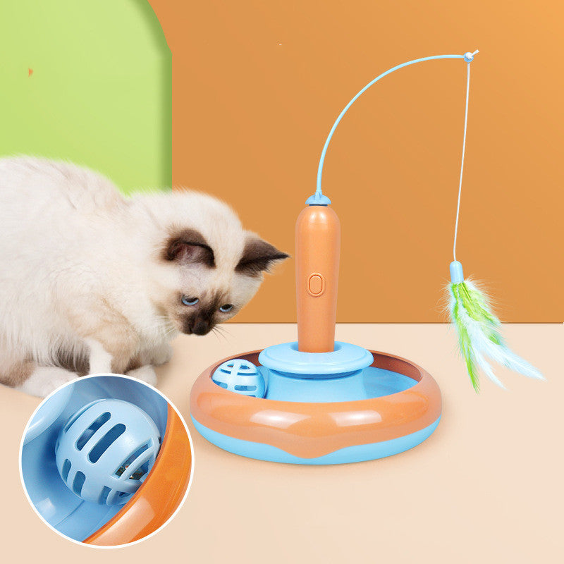 2-in-1 Cat Turntable Toy with Feather – Interactive Self-Play Toy for Cats
