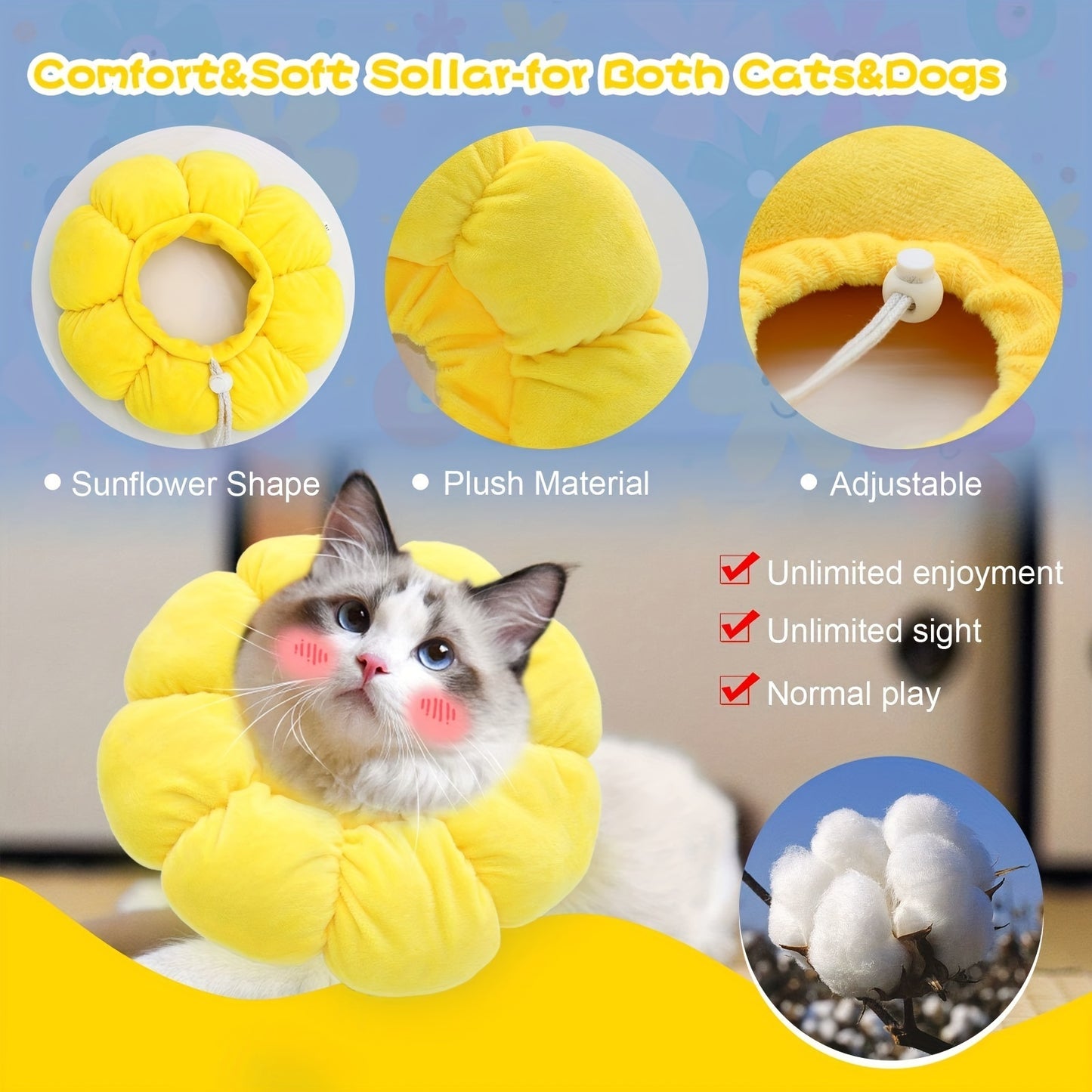 Cute Sunflower Pet Recovery Collar – Soft Cotton Adjustable E-Collar for Cats & Small Dogs, Post-Surgery Wound Healing Cone
