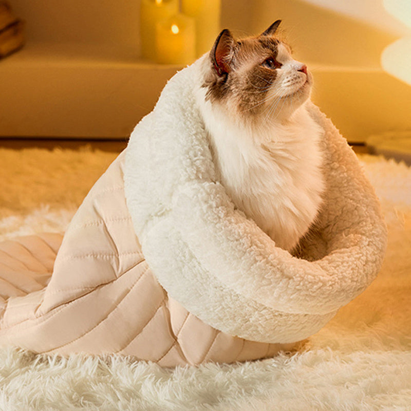 Cozy Cat Sleeping Bag with Warm Fleece & Bear Design – Soft Pet Nest Bed