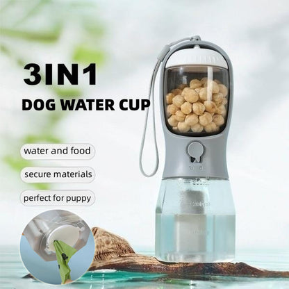 3-in-1 Portable Dog Water Bottle | Pet Travel Drinking Cup with Food Container & Poop Bag Dispenser