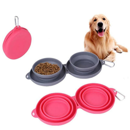 Portable Double Collapsible Dog Bowl with Non-Slip Silicone Mat – Foldable Travel Pet Food & Water Bowl for Dogs and Cats