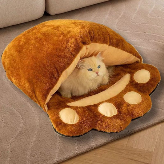 Winter Warm Bear Paw Cat Bed – Soft Fluffy Semi-Closed Pet Sleeping Bag for Cats & Small Dogs