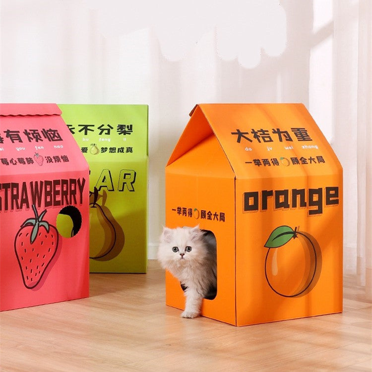 Juice Box Cat Scratcher House – Detachable Vertical Corrugated Cardboard Cat Scratching Board, Durable Cat Toy & Playhouse for Indoor Cats up to 15kg