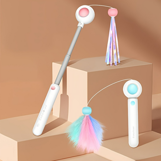 Retractable Cat Teaser Wand with Replaceable Feather Head – Interactive Toy for Indoor Cats