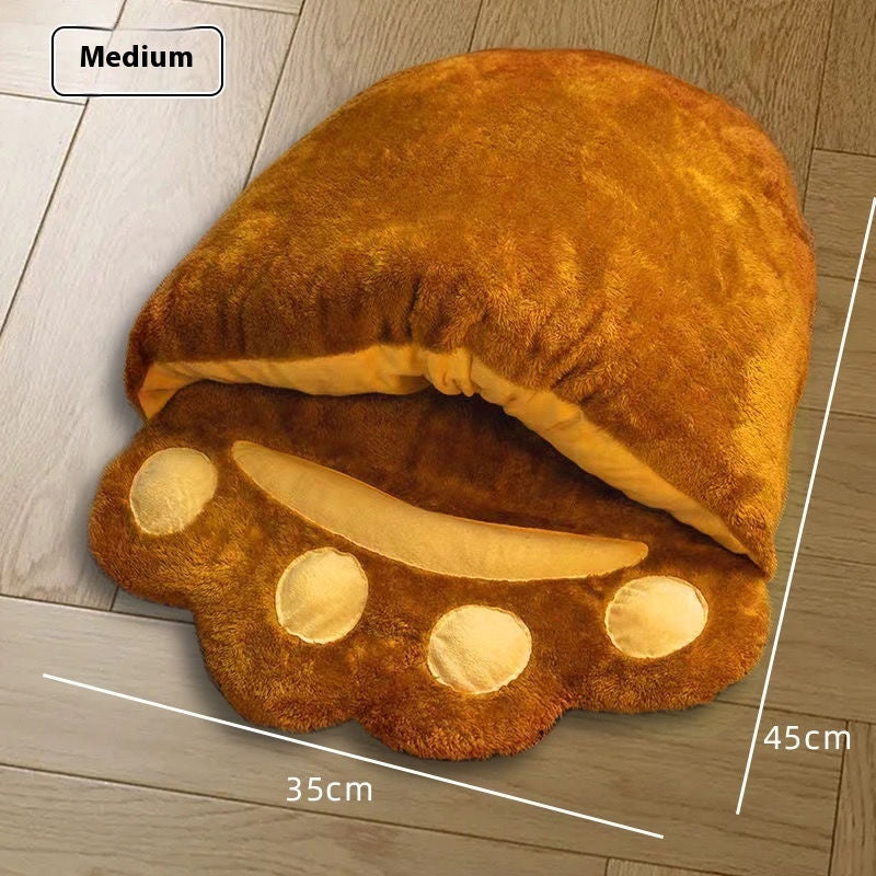 Winter Warm Bear Paw Cat Bed – Soft Fluffy Semi-Closed Pet Sleeping Bag for Cats & Small Dogs