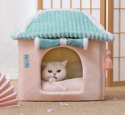 Removable Washable Cat House Bed – Enclosed Cat Villa with Reversible Cushion for Indoor Cats