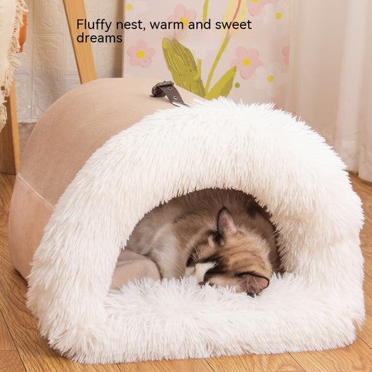 New Splice Portable Pet Nest – Warm Dog and Cat Bed for Autumn and Winter, Moisture-Proof Long Fur Plush Kennel, Semi-Enclosed Soft House for Small and Medium Pets