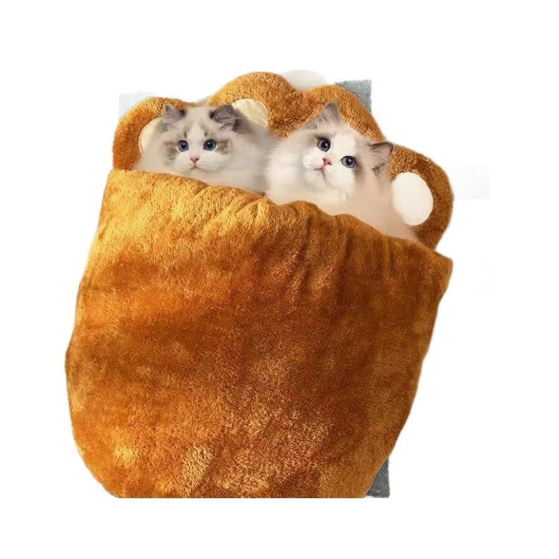 Winter Warm Bear Paw Cat Bed – Soft Fluffy Semi-Closed Pet Sleeping Bag for Cats & Small Dogs