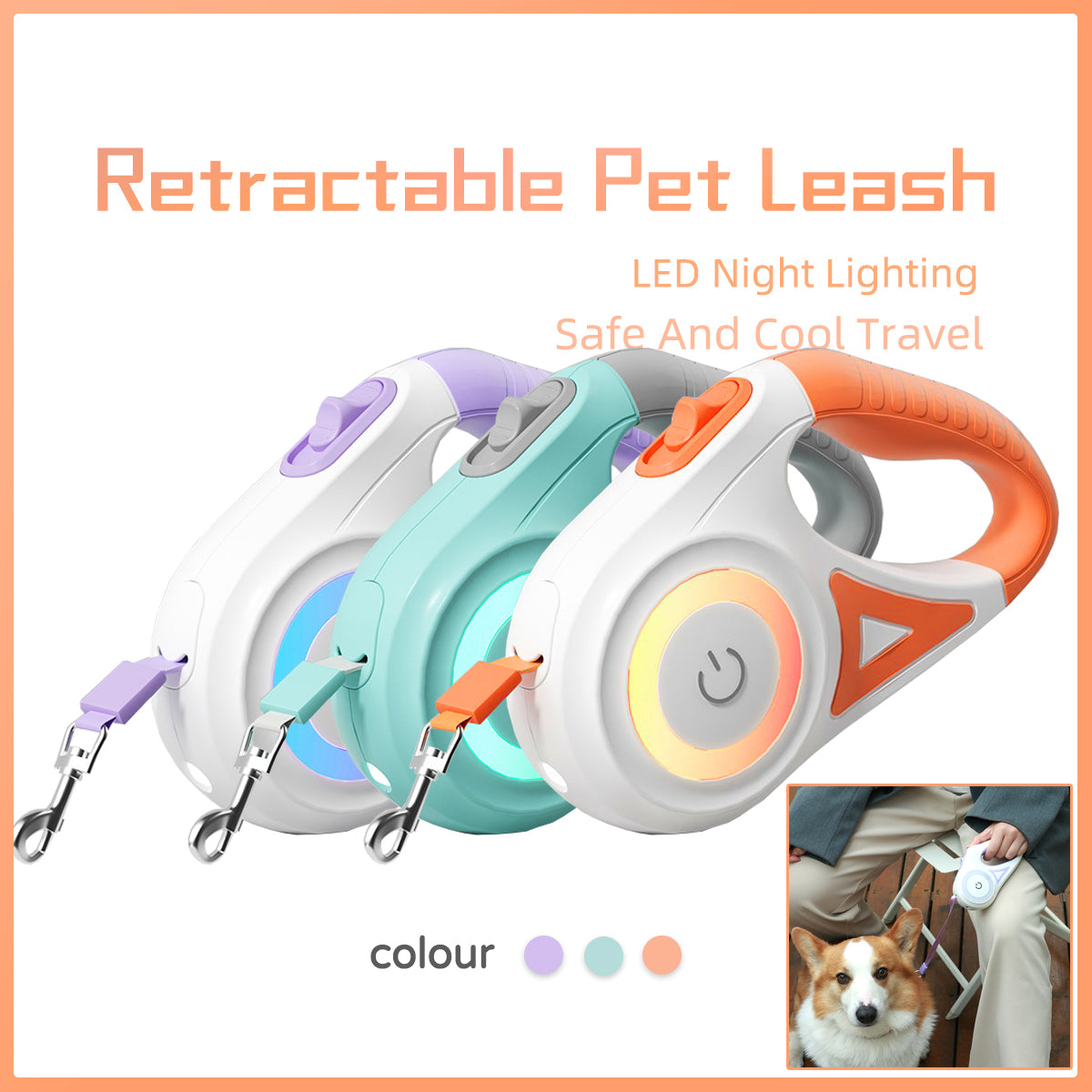 Retractable Dog Leash with LED Spotlight, Automatic Locking Pet Traction Rope with Dog Collar for Small Medium Dogs