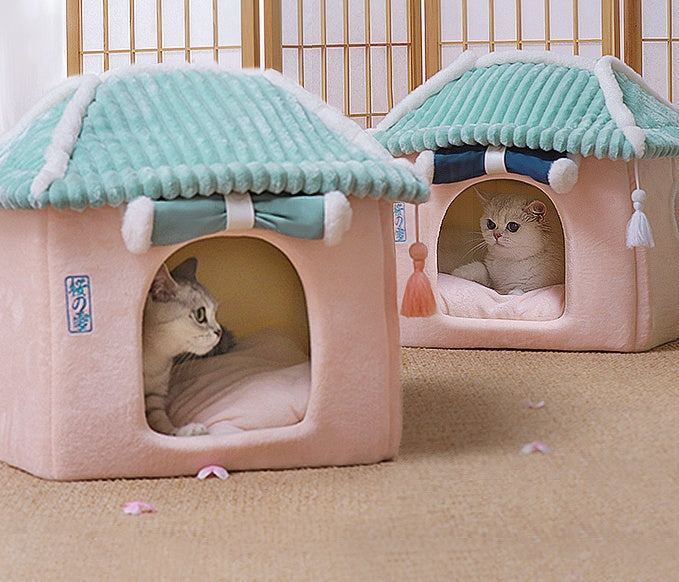 Removable Washable Cat House Bed – Enclosed Cat Villa with Reversible Cushion for Indoor Cats