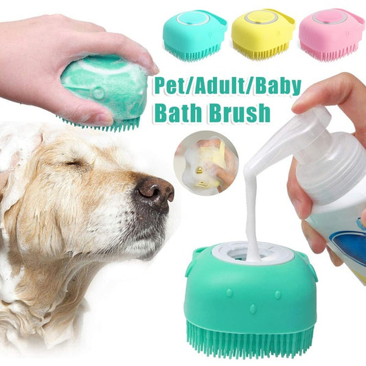 Silicone Dog Bath Brush with Shampoo Dispenser – Pet Grooming Massage Brush for Dogs & Cats, Soft Bath Scrubber Cleaning Tool
