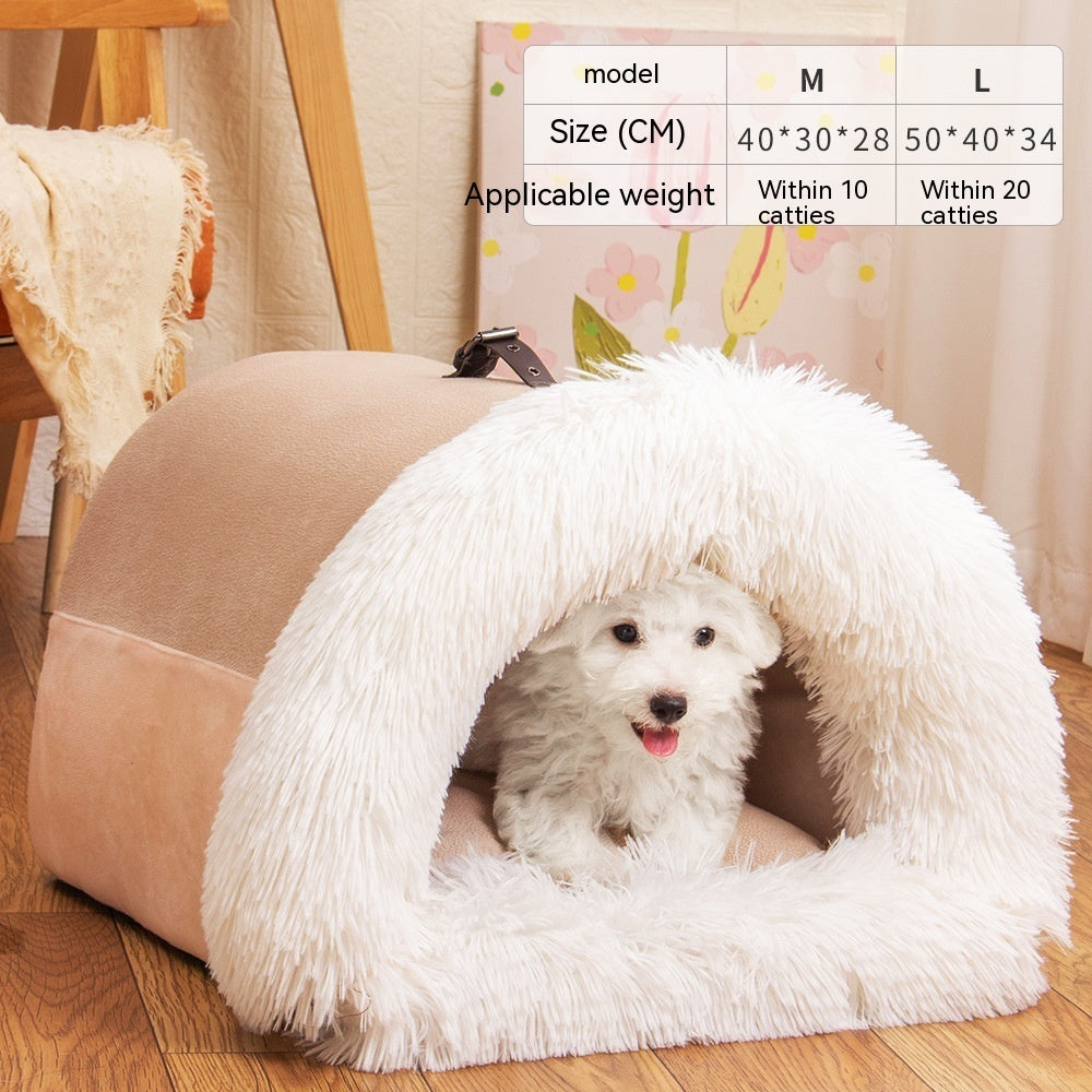 New Splice Portable Pet Nest – Warm Dog and Cat Bed for Autumn and Winter, Moisture-Proof Long Fur Plush Kennel, Semi-Enclosed Soft House for Small and Medium Pets