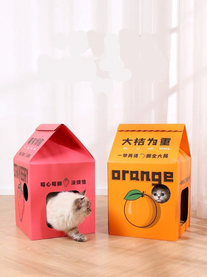 Juice Box Cat Scratcher House – Detachable Vertical Corrugated Cardboard Cat Scratching Board, Durable Cat Toy & Playhouse for Indoor Cats up to 15kg