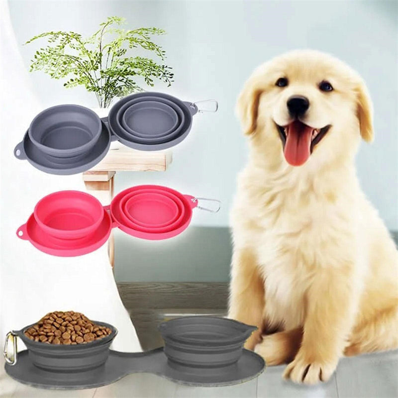 Portable Double Collapsible Dog Bowl with Non-Slip Silicone Mat – Foldable Travel Pet Food & Water Bowl for Dogs and Cats