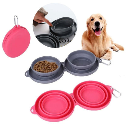 Portable Double Collapsible Dog Bowl with Non-Slip Silicone Mat – Foldable Travel Pet Food & Water Bowl for Dogs and Cats