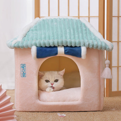 Removable Washable Cat House Bed – Enclosed Cat Villa with Reversible Cushion for Indoor Cats