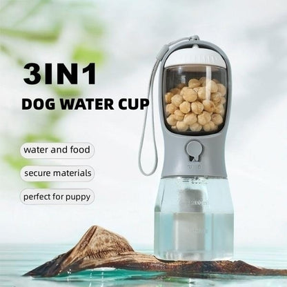 3-in-1 Portable Dog Water Bottle | Pet Travel Drinking Cup with Food Container & Poop Bag Dispenser
