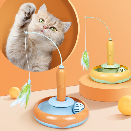 2-in-1 Cat Turntable Toy with Feather – Interactive Self-Play Toy for Cats