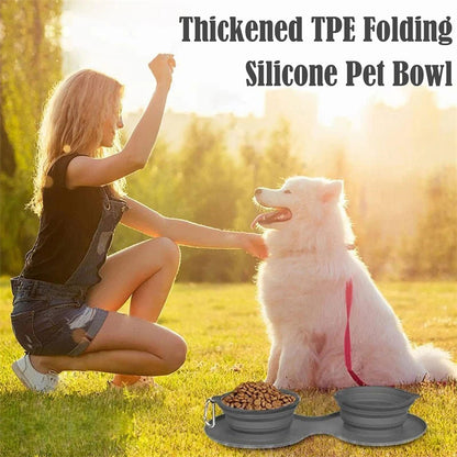 Portable Double Collapsible Dog Bowl with Non-Slip Silicone Mat – Foldable Travel Pet Food & Water Bowl for Dogs and Cats