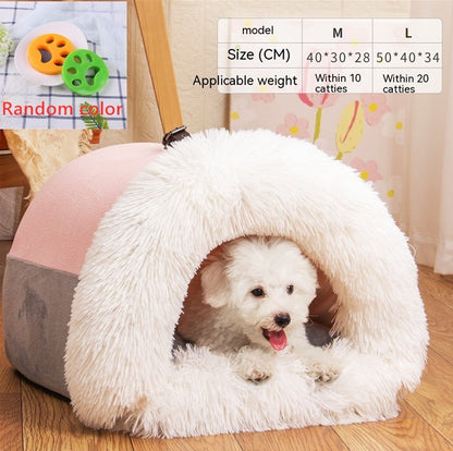 New Splice Portable Pet Nest – Warm Dog and Cat Bed for Autumn and Winter, Moisture-Proof Long Fur Plush Kennel, Semi-Enclosed Soft House for Small and Medium Pets