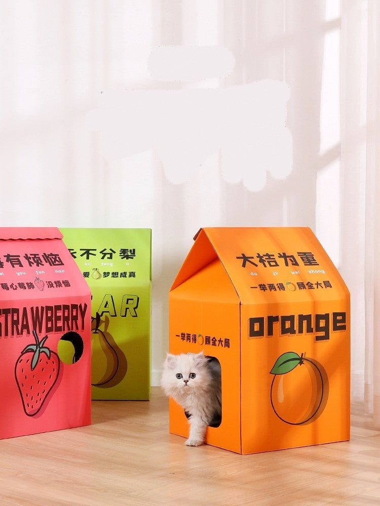 Juice Box Cat Scratcher House – Detachable Vertical Corrugated Cardboard Cat Scratching Board, Durable Cat Toy & Playhouse for Indoor Cats up to 15kg