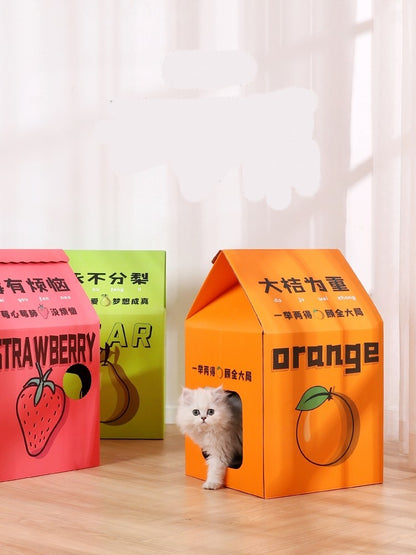 Juice Box Cat Scratcher House – Detachable Vertical Corrugated Cardboard Cat Scratching Board, Durable Cat Toy & Playhouse for Indoor Cats up to 15kg