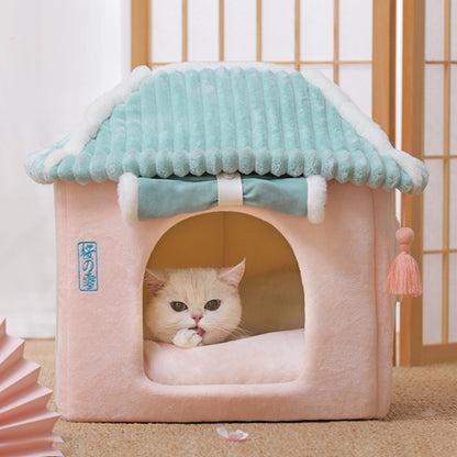 Removable Washable Cat House Bed – Enclosed Cat Villa with Reversible Cushion for Indoor Cats