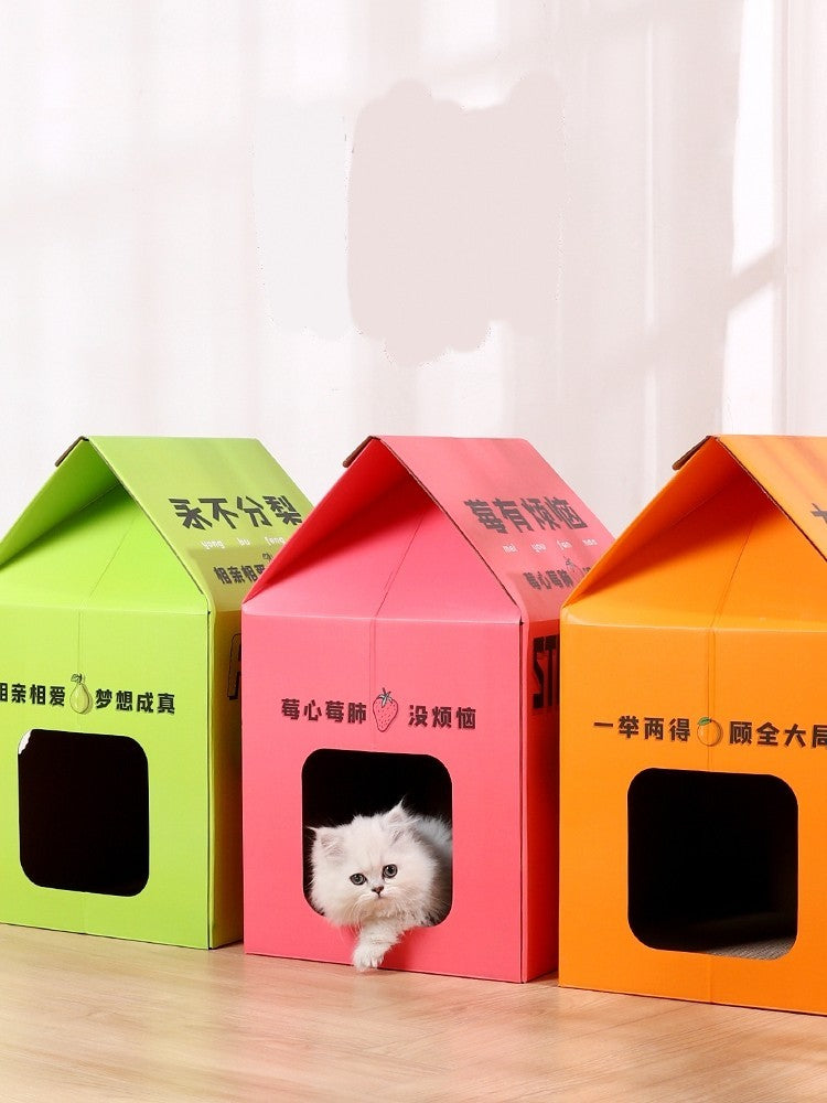 Juice Box Cat Scratcher House – Detachable Vertical Corrugated Cardboard Cat Scratching Board, Durable Cat Toy & Playhouse for Indoor Cats up to 15kg