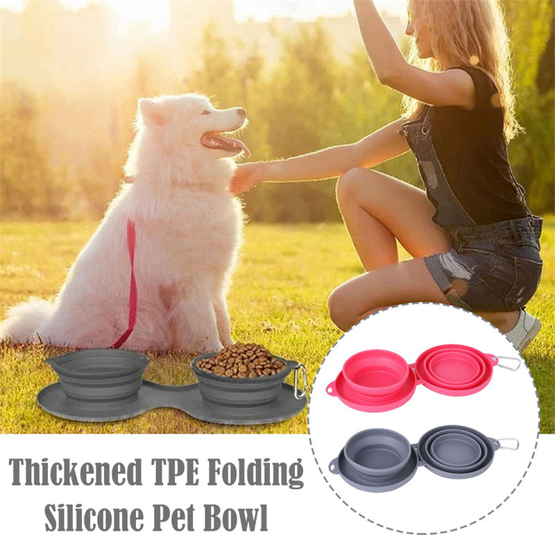 Portable Double Collapsible Dog Bowl with Non-Slip Silicone Mat – Foldable Travel Pet Food & Water Bowl for Dogs and Cats